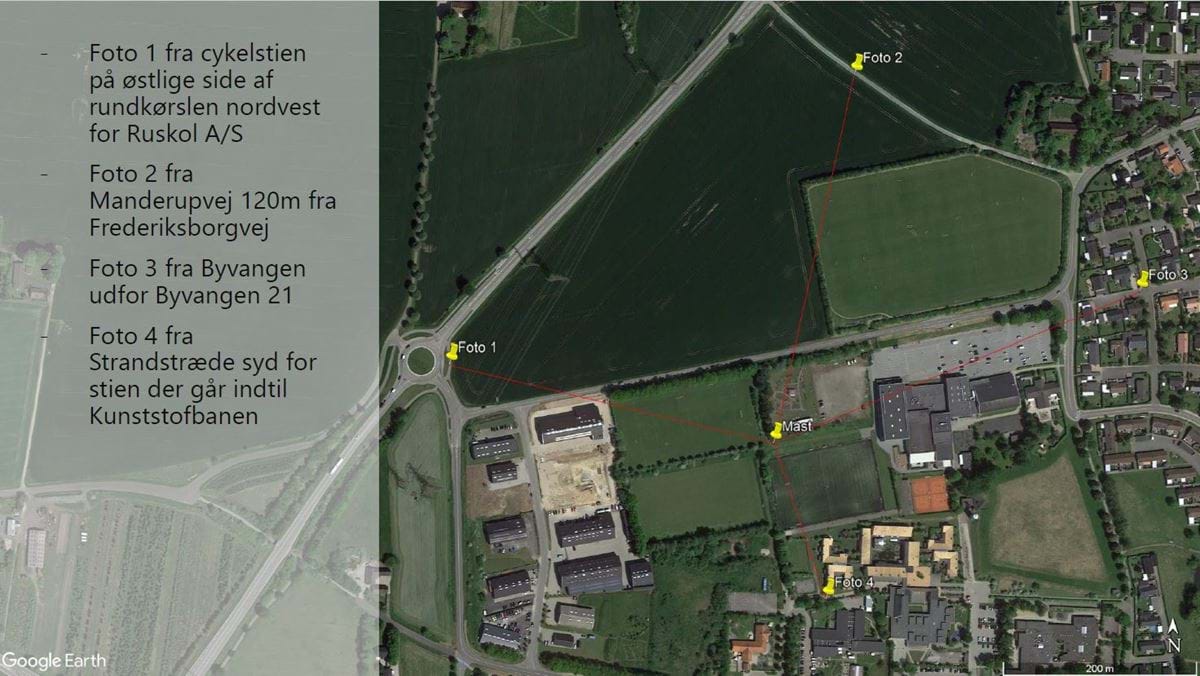 Oversigtsfoto 1: Viser oversigt over positioner, hvorfra fotos til visualiseringer af telemasten er taget.