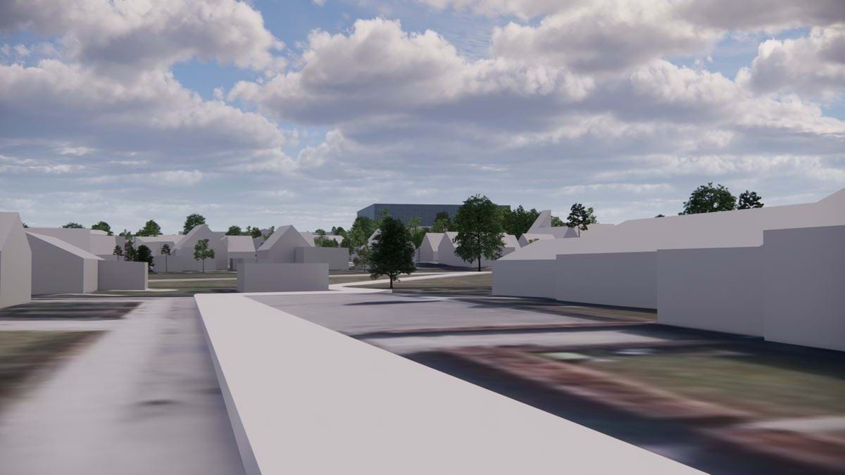 Visualisering af ny bebyggelse i 25 meters højde set fra Kærsangervej 1 i Frederikssund