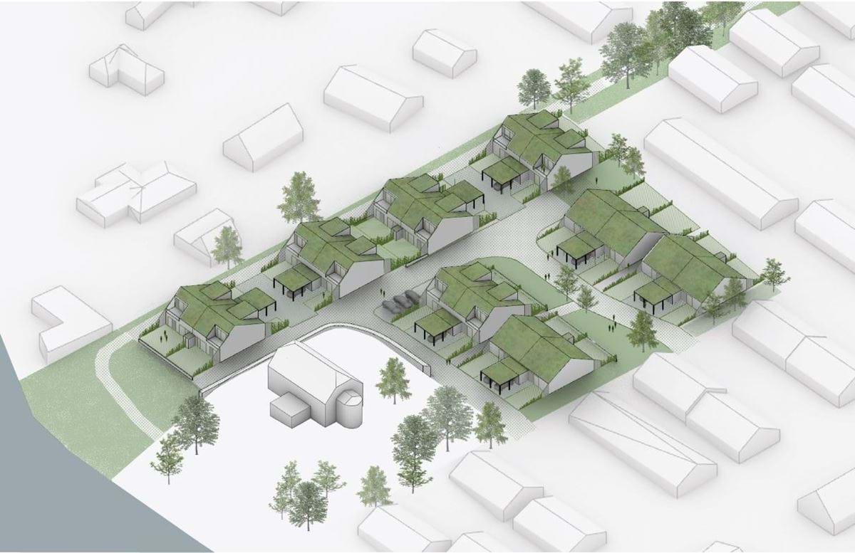 Illustration der viser planlagt bebyggelse i fugleperspektiv