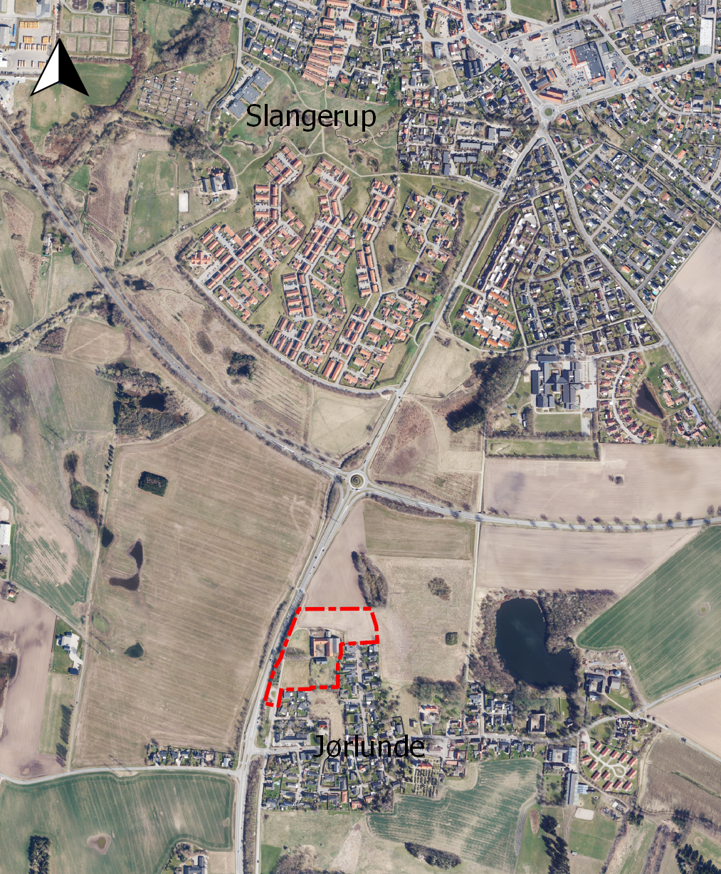 Billedet viser lokalplanområdets beliggenhed i Jørlunde og ift. Slangerup