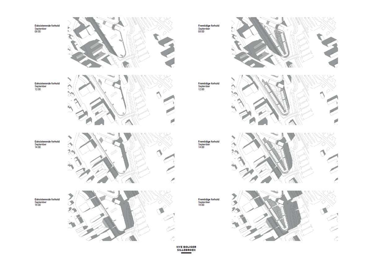 Skyggediagrammer for ny bebyggelse i september kl. 8, 12, 14 og 16
