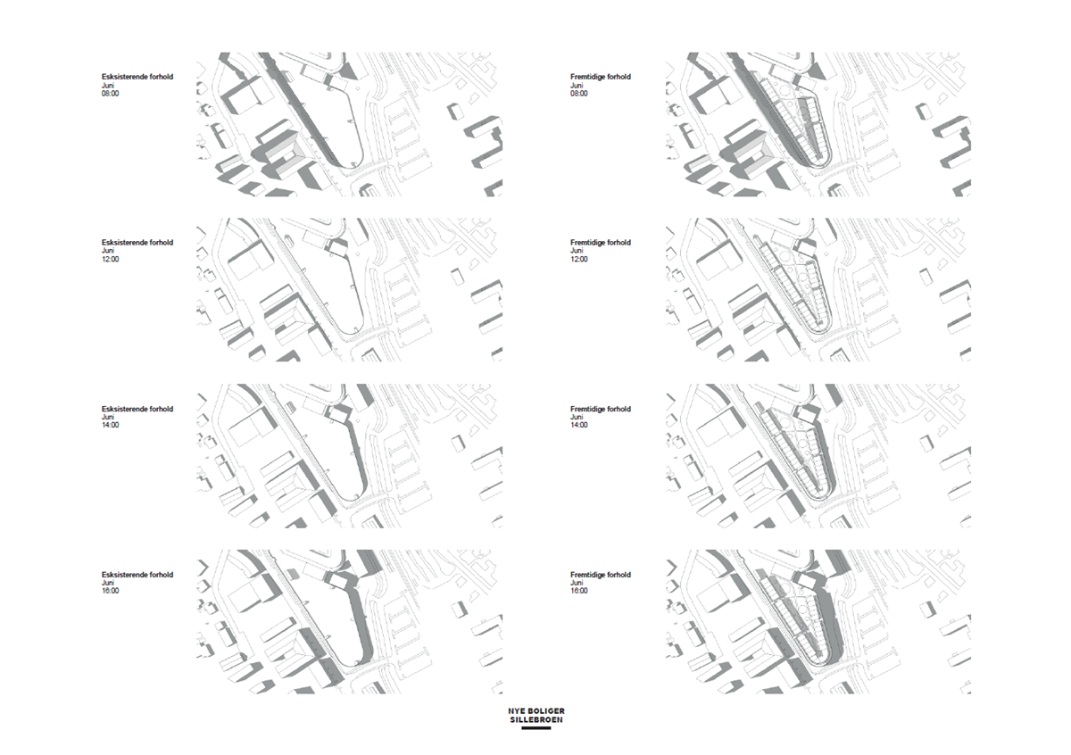 Skyggediagrammer for ny bebyggelse i juni kl. 8, 12, 14 og 16