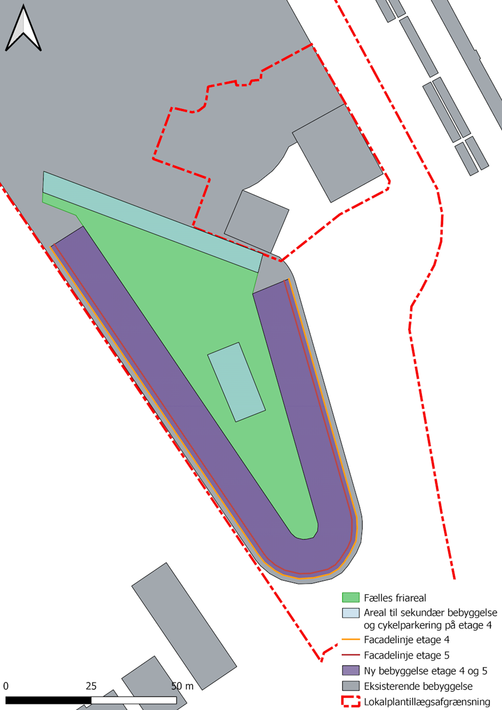 Fælles friareal, sekundær bebyggelse, facadelinjer, ny boligbebyggelse og cykelparkering på parkeringshuset