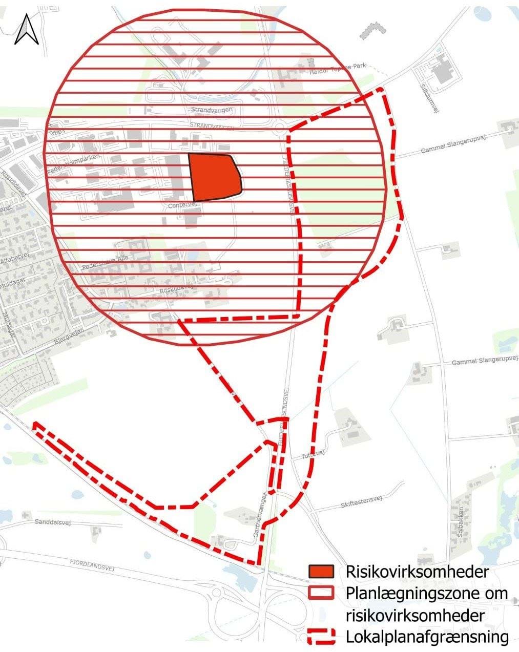 Risikovirksomhed og dennes planlægningszone, som overlapper med lokalplanområdet.