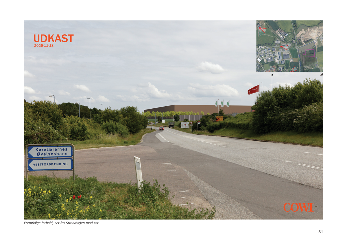 Visualisering af værkstedsbygningen set fra Strandvangen.