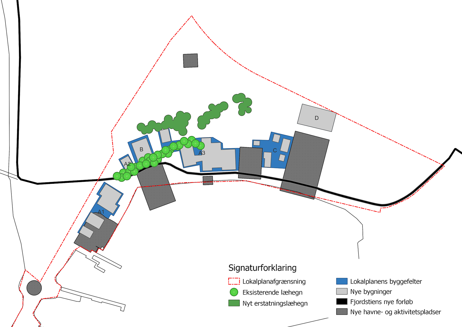 Kort med lokalplanens byggefelter, pladsdannelser og placering af nyt læhegn, med placering af eksisterende levende læhegn.